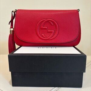 GUCCI SOHO DISCO GG Tassel Chain Crossbody Flap Red Calfskin Leather Bag